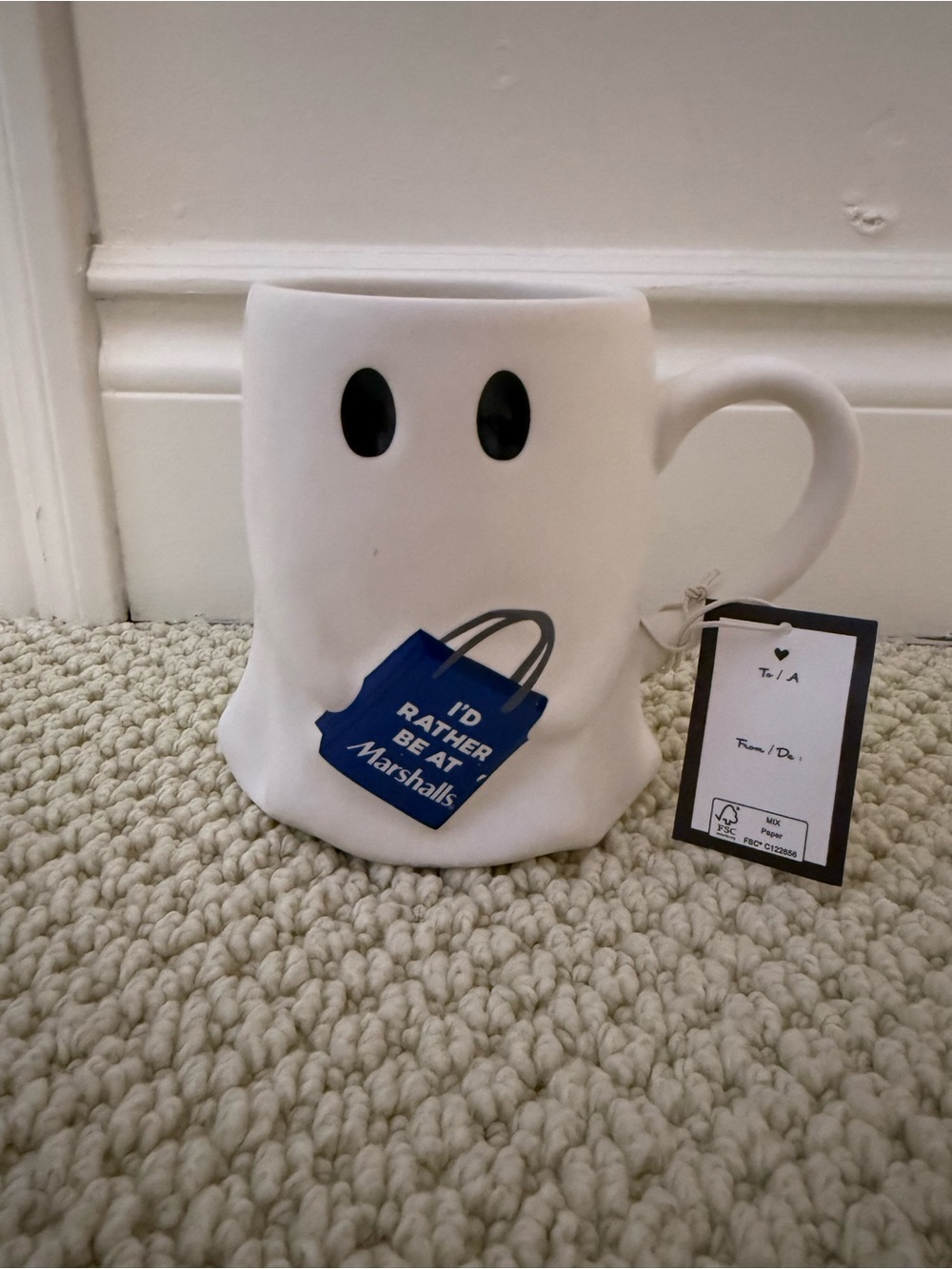 Marshalls White Ghost Mug with Blue Tote Graphic